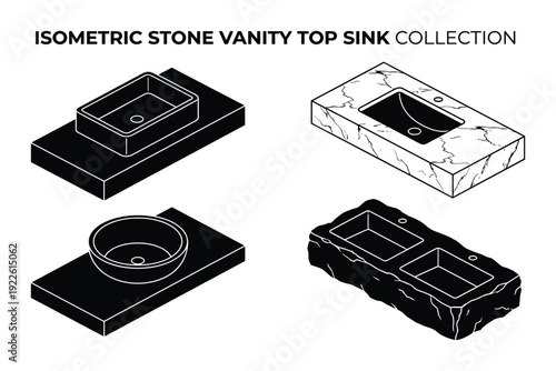 Isometric stone vanity top sink collection with rectangular, round, and double basin designs