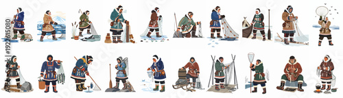 Traditional Arctic Fishing: Inuit people in winter attire engage in various ice and water fishing activities, using nets, spears, and preparing their catch in snowy landscapes.