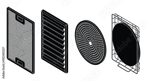 Isometric view of kitchen vent parts filter, louvers, circular diffuser, rack.