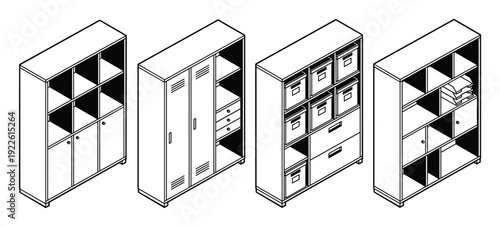 Isometric view of storage furniture like cabinets, lockers, drawers and shelves