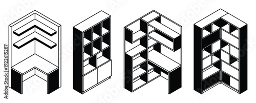 Isometric view of office furniture sets featuring shelves and desks for a modern workplace