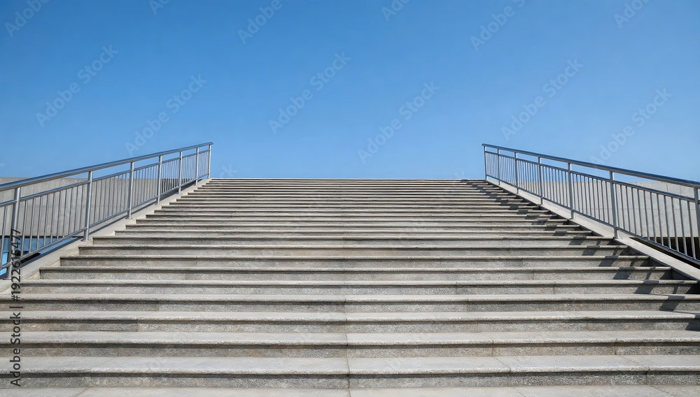 Fototapeta premium Long staircase with metal handrails leading up to clear blue sky on sunny day