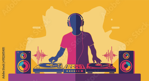 Professional DJ mixing music on turntables at party. Male disc jockey with headphones performing electronic set with speakers. Creative DJ character playing music in flat vector style.