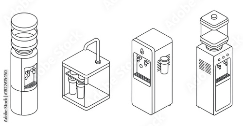 Isometric water coolers set, office dispensers collection, modern appliances for refreshment, illustration.