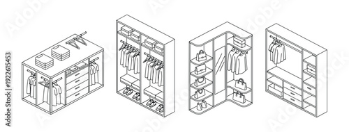 Isometric wardrobe closet storage system design vector illustration.