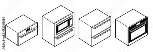 Kitchen appliances isometric illustration, built-in oven, microwave, and drawer cabinets