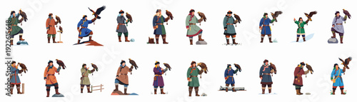 Collection of Mongolian Eagle Hunters and Falconers with Golden Eagles, showcasing traditional culture and ancient hunting practices.