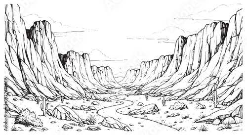 Desert Valley Road with Cacti and High Cliffs