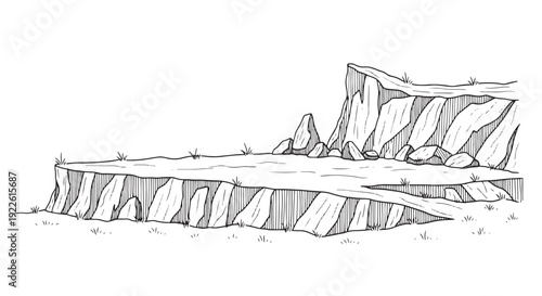 Rocky Plateau and Steep Cliff Edge Line Illustration