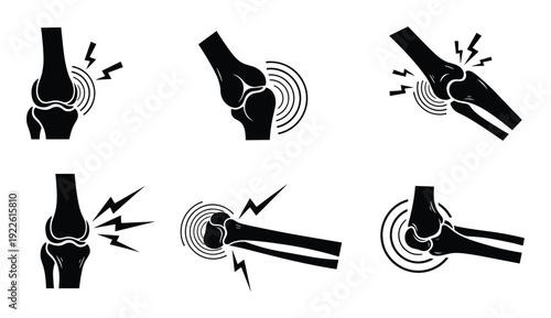Knee pain icons, pain with lightning and pain wave symbols. Bone injury illustration.