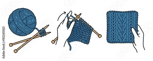 Knitting illustration shows yarn, needles and hand-knitted swatch sample.
