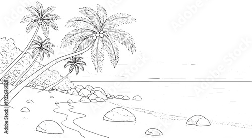Tropical Beach With Coconut Palm Trees Sketch