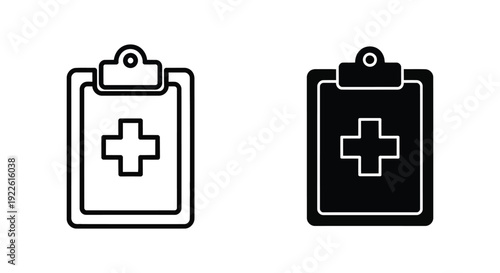 Minimalist medical clipboard icons with healthcare cross symbol for patient record management, hospital administration, and first aid documentation in line and solid styles.