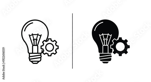 Creative engineering and innovation icon set featuring a light bulb with a gear in outline and solid styles for technical problem solving and business development.