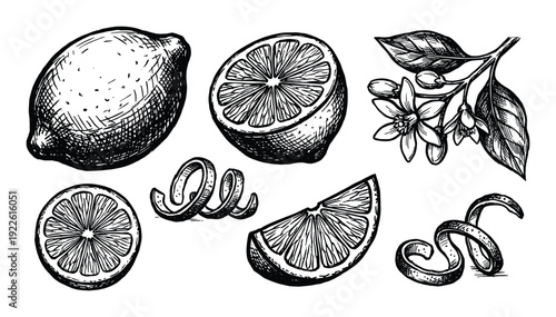 Lemon fruit sketch illustration with slice, peel, blossom and cut in half, Hand drawn vector design