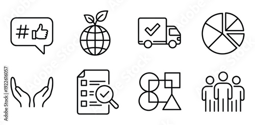 Line art icons set with business elements, data, social media, delivery, earth, documents and people
