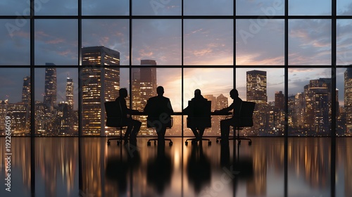 City Skyline Conference: A silhouette of a business meeting taking place against a backdrop of a majestic urban skyline.