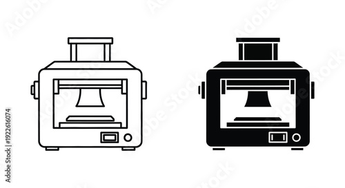 Minimalist 3D printer icons in outline and solid silhouette styles for additive manufacturing and rapid prototyping technology concepts