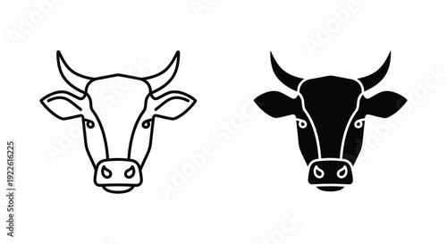 Minimalist cow head icons featuring a line art outline and a solid black silhouette for agricultural branding, dairy farm logos, and livestock ranching symbols.