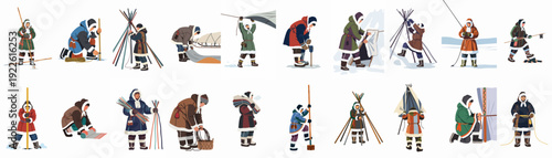 Indigenous Arctic people perform traditional winter activities like building shelters, ice fishing, and daily tasks in a cold, northern environment, a flat illustration.