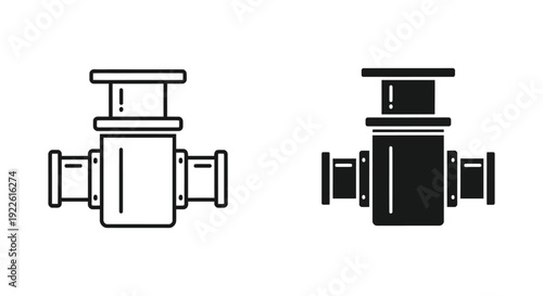 Industrial T-junction pipe fitting and valve icons in line and solid black styles for plumbing, engineering, and manufacturing design.