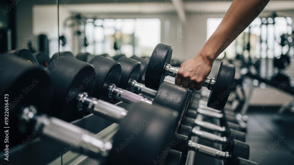 Fototapeta premium Gym scene Hand reaches for dumbbell on rack, rows of weights, mirrors and equipment visible