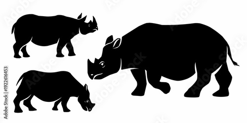Black rhino silhouettes set in different poses, walking and standing rhinoceros, wild african animal vector illustration isolated on white background