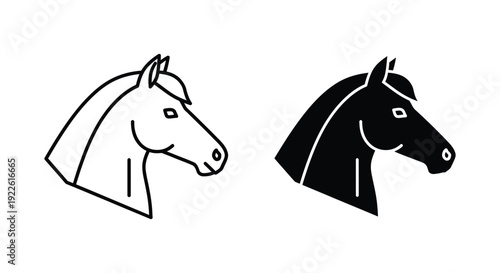 Minimalist horse head vector icons in outline and solid silhouette styles, ideal for equestrian branding, farm logos, and animal-themed graphic design projects on a white background.