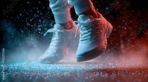 Dynamic Movement in Motion: A pair of crisp sneakers propel through a burst of colorful powder, showcasing a moment of action, energy, and freedom.