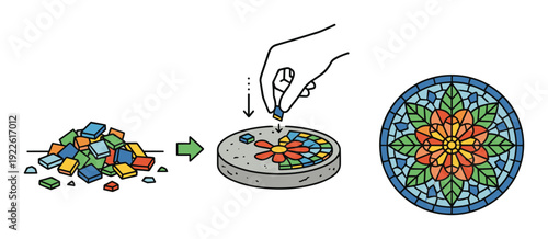 Mosaic making process illustration, colorful tiles placed on concrete, circular flower design pattern