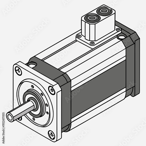 Industrial Servo Motor with Mounting Flange, Technical Drawing