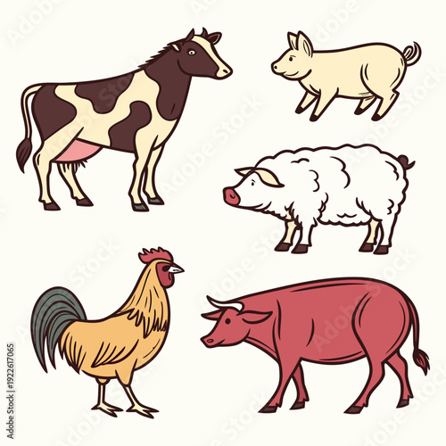Farm animal set: cow, pig, sheep, rooster, and bull illustration