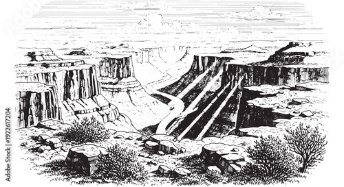 Panoramic canyon overlook hand drawn sketch