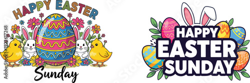 Vibrant easter graphics featuring eggs chicks and bunny illustrations
