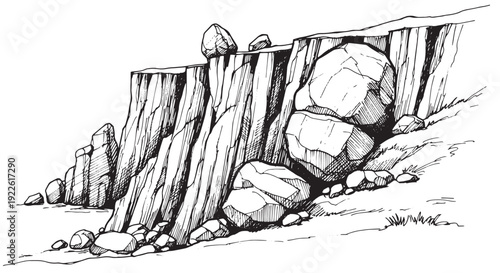 Rocky cliffside with boulders line art sketch