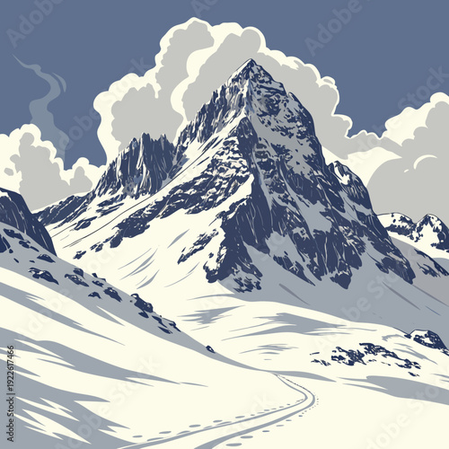 Majestic Snow-Capped Mountain Landscape with Winding Path Illustration