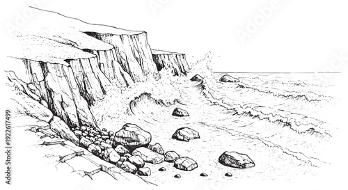 Ocean waves crashing on rocky cliffs line art