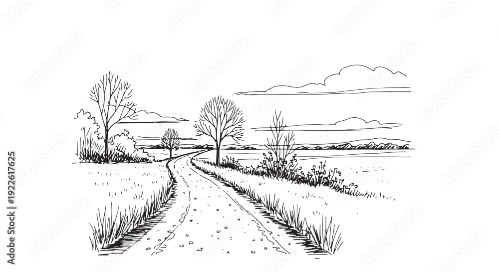 Obraz premium Winding dirt road in rural field line art