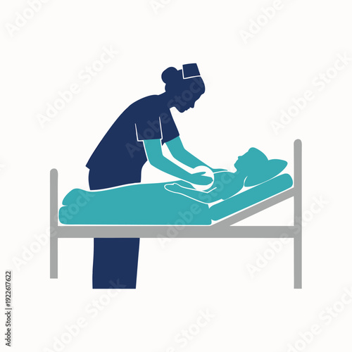 A healthcare worker gently cares for a patient lying in a hospital bed offering support