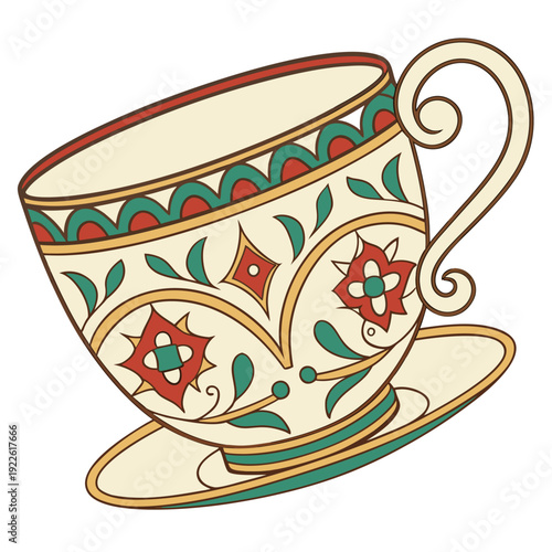 Elegant Decorative Teacup & Saucer with Ornate Floral Design Illustration