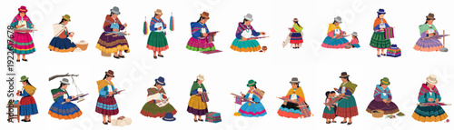 Collection of illustrations depicting Andean women in traditional dress, demonstrating the intricate process of textile crafting from spinning yarn to weaving colorful fabrics on looms.
