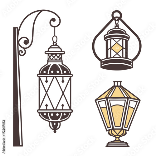 Ornate Vintage and Modern Decorative Lanterns Icon Set Collection