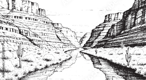 Rugged Desert Canyon Gorge Line Drawing