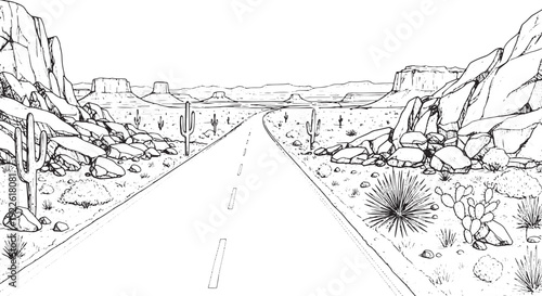 Desert Highway with Saguaro Cactus Line Art