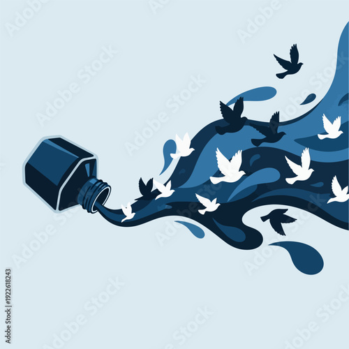Ink spilling from bottle transforms into flock of birds flying in symbolic freedom expression