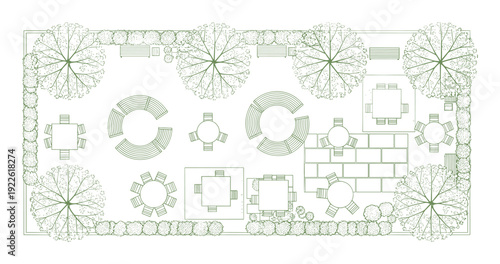Outdoor garden plan with tables, chairs, benches, plants and landscaping design