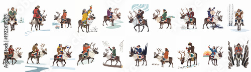 Illustrations of nomadic people riding reindeer through diverse winter landscapes, showcasing traditional life, arctic travel, and cultural adventures.