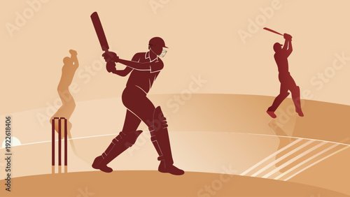 Cricket players in action on the field with bats and wickets