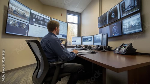 Dedicated security officer monitors multiple surveillance feeds on a bank of screens, ensuring constant vigilance and safety in a modern control room environment