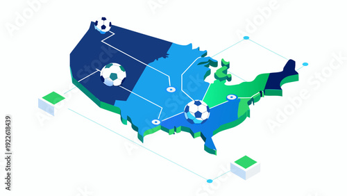 Isometric map of united states with soccer balls and network connections in blue and green tones